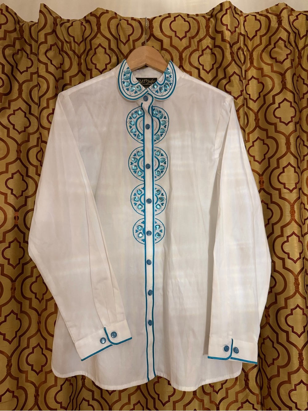 Bob Mackie White Blouse with Turquoise Embroidery